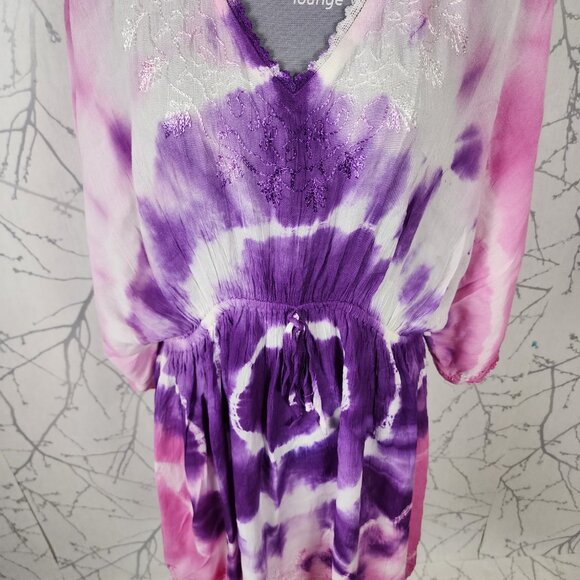 India Boutique Pink Purple Tie Dye Print Cinch Waist Beach Cover Tunic - Picture 2 of 8